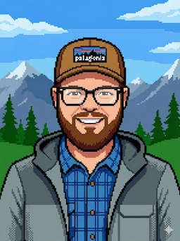 Pixel art portrait of Ronnie wearing a Patagonia cap, glasses, and a gray jacket with mountains in the background