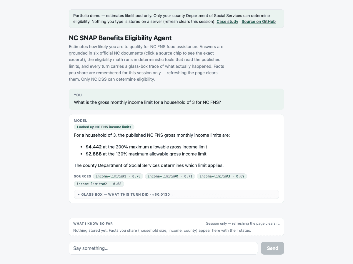 Demo chat answering a household-of-3 income-limit question with source chips and a glass-box drawer